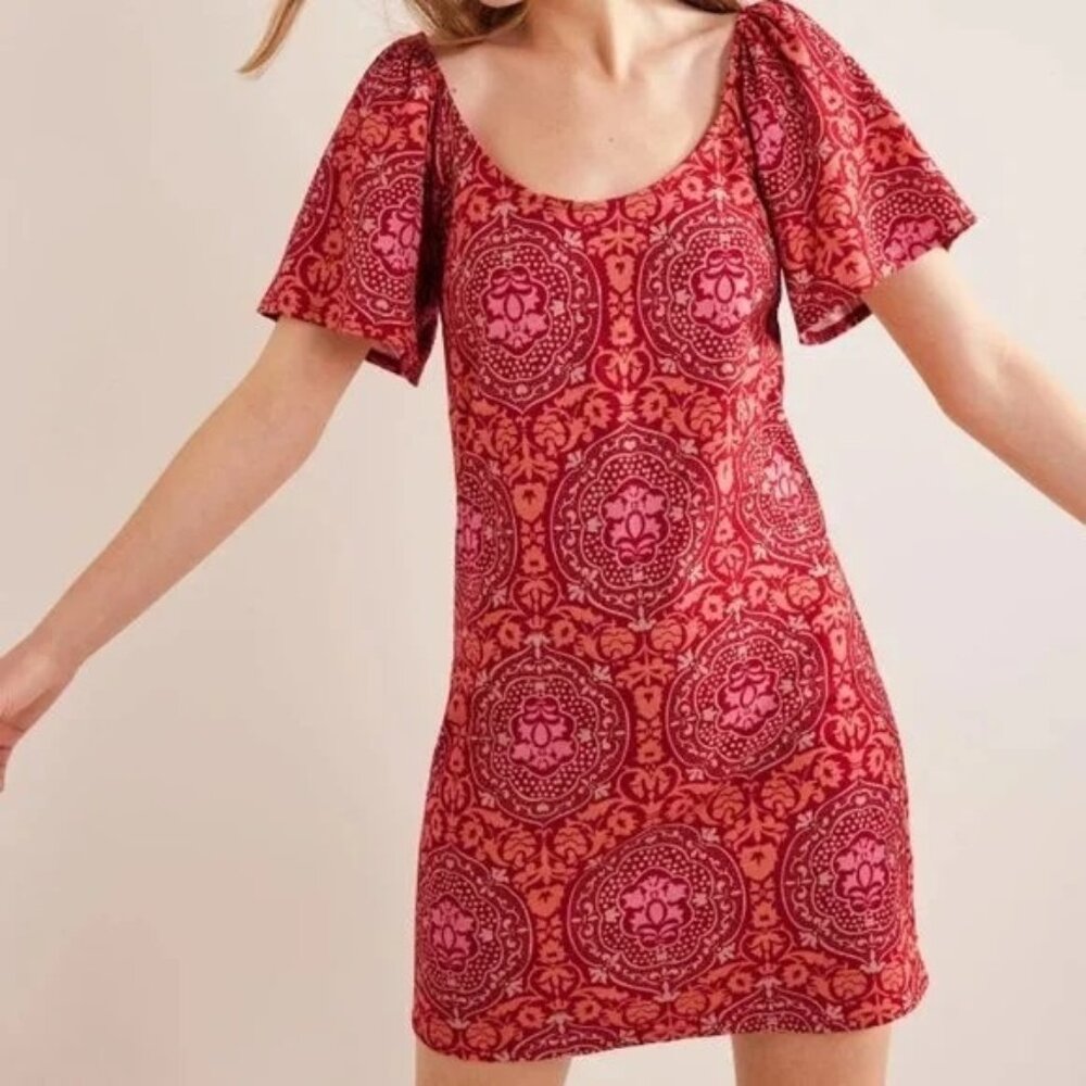 Boden‎ Scoop Neck Knit Tile Print Mini Dress Flutter Sleeves Size 10 L Summer